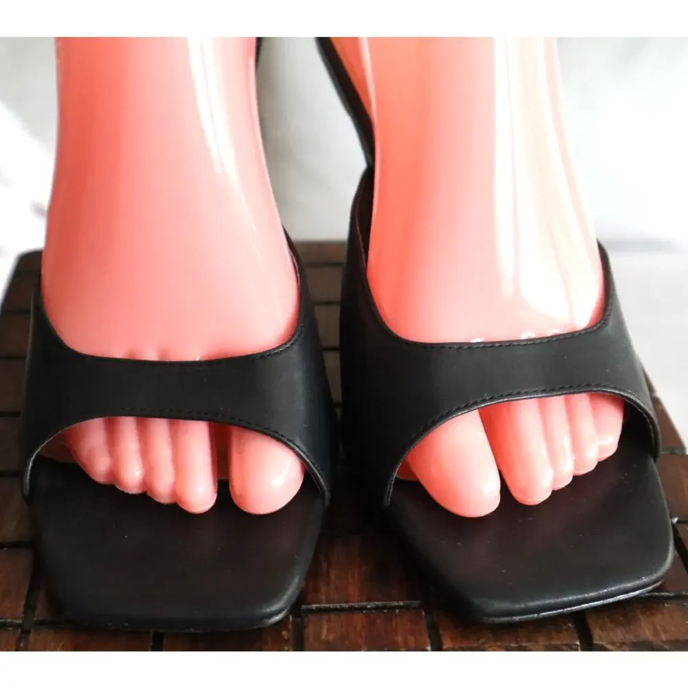 Olivia Jaymes Black Square Toe Heels Slip on Open Toe Spool Mule Sandals 7.5